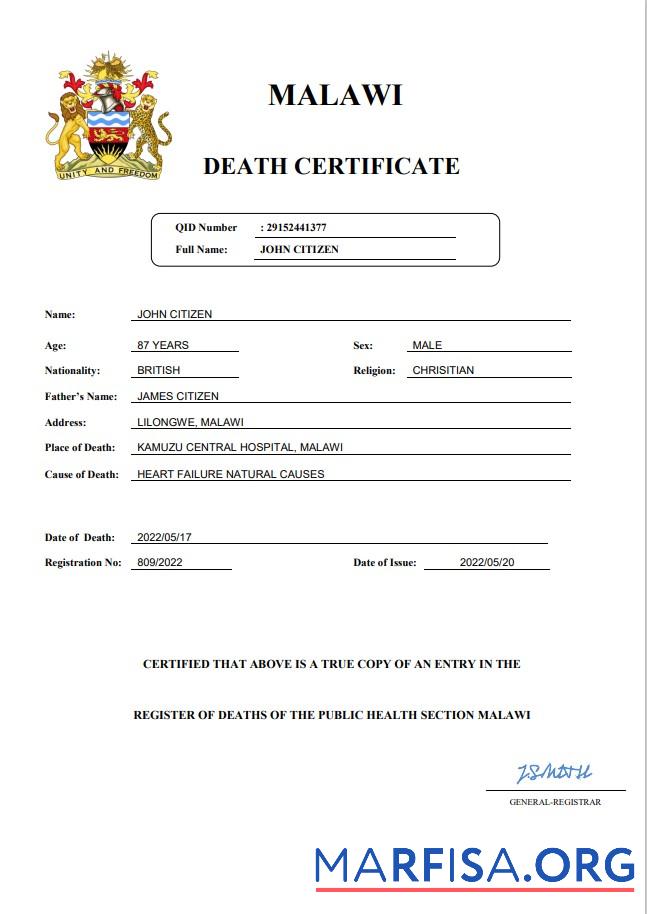 Printable Malawi vital record death certificate Word and PDF template